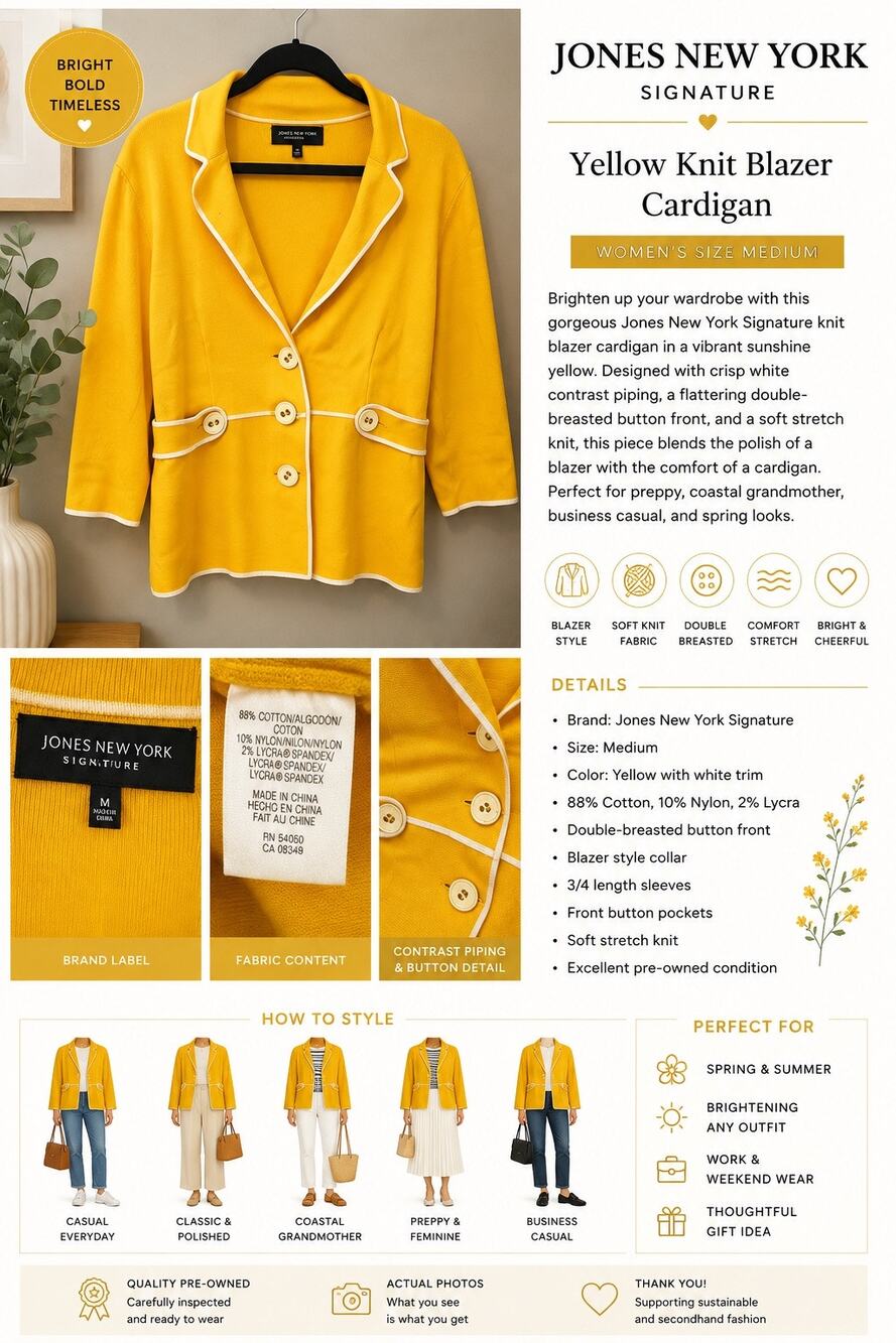 Jones New York Signature Yellow Knit Blazer Cardigan